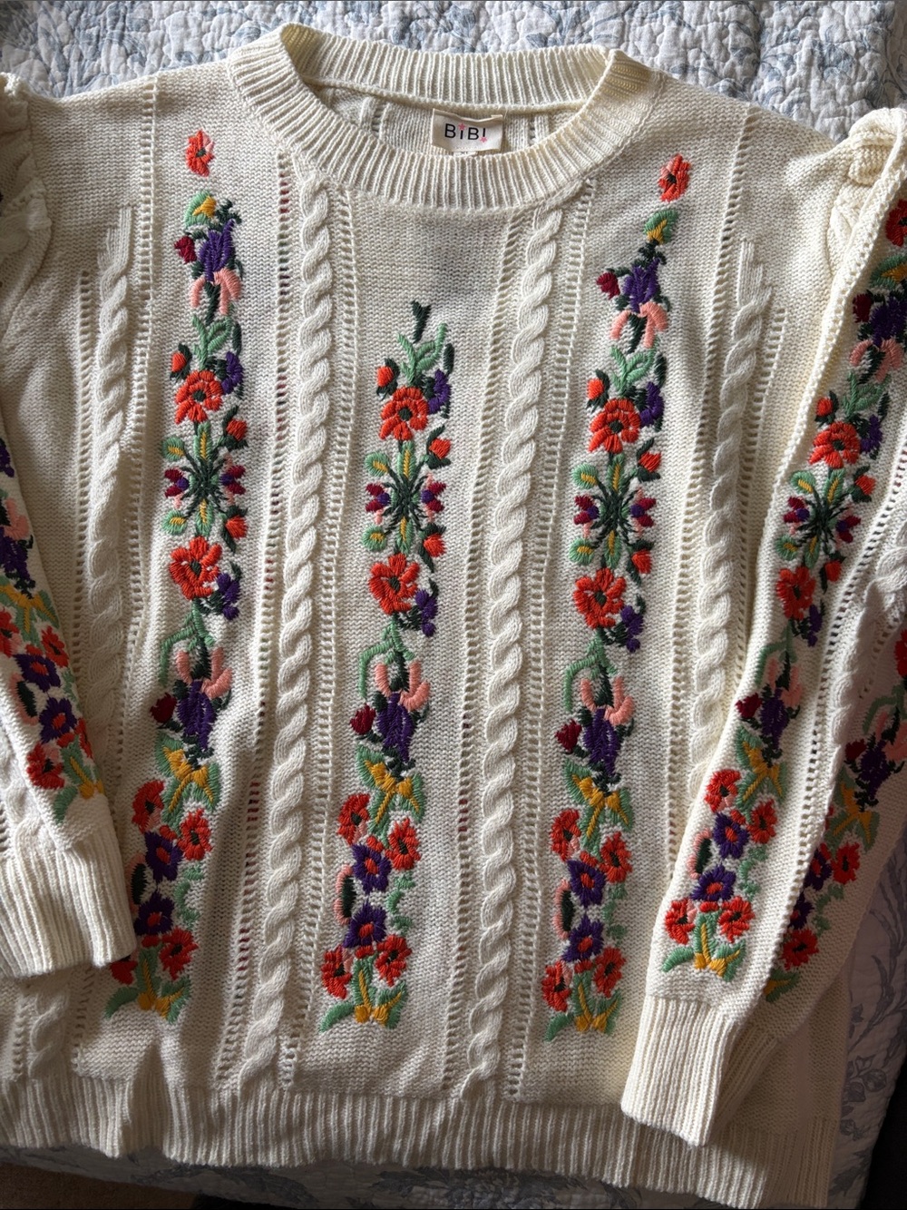 BiBi Cream Cable-Knit Sweater with Multicolor Floral Embroidery